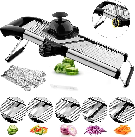 Kitchen Mandolin, Adjustable Vegetable Slicer, Professional Vegetable Mandoline with Blades, Mandoline for Fruits, Potatoes, Tomatoes, Onions, with Waffle Iron and Cut Proof Gloves (Silver)