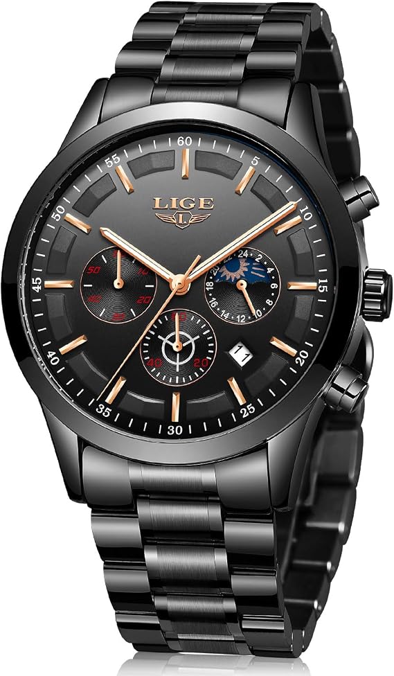 LIGE Watches Men 3ATM Stainless Steel Wrist Chronograph