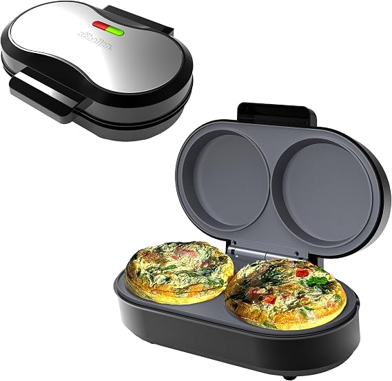 Schallen Electric Omelette Maker Healthy Eating Egg Pan | Non-Stick Coated Ceramic Plates | 2 Individual Cooking Plates with Cool Touch Handle | Stainless Steel | Black & Silver (Deep Fill)