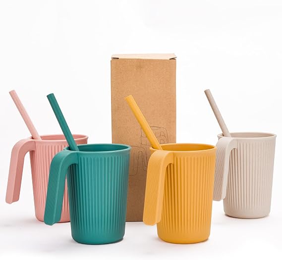 Unbreakable Drinking Cups, 350 ML Plastic Drinking Cups Reusable Cup for Kids Adults, 4 PCS Coffee Mugs with Handle, 4 PCS Straws, Hot or Cold Water Milk Tea Tumblers, Dishwasher and Microwave Safe