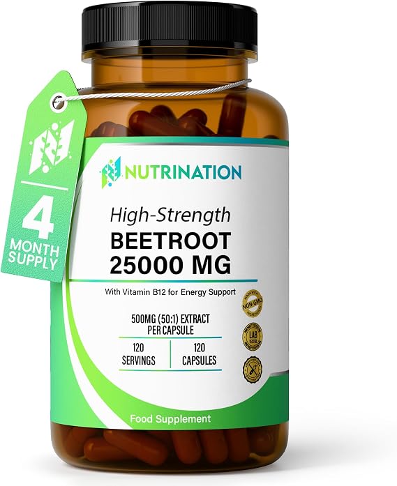 Beetroot Capsules High Strength 25000mg | 120 Capsules - 4 Month Supply | Beetroot Supplement with Vitamin B12 & Black Pepper | 500mg (50:1) Extract Per Capsule | Energy Support | Lab Tested