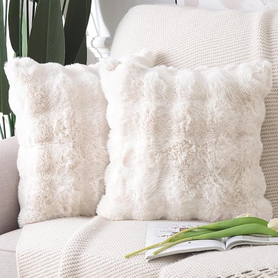 Madizz Pack of 2 Thick Plush Faux Wool Cushion Covers 40x40 cm Cream Soft Neutral Decorative Throw Pillow Covers Accent Boho Pillowcases for Couch Sofa Bedroom Pillow Shell