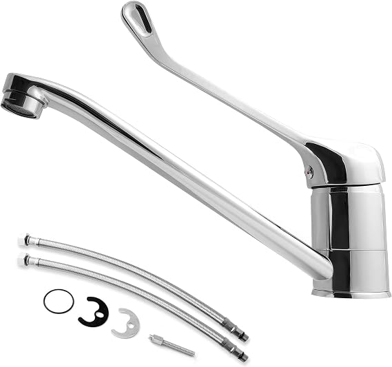 Horizontal Sink Tap with Long Stainless Steel & Brass Handle - Unique Design, Hot/Cold Temperature Adjustment, Includes 2 Sets of Water Pipes, Screws & Gaskets