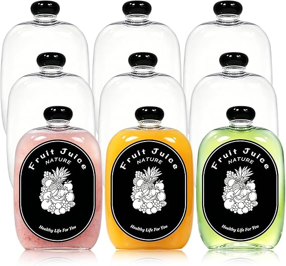 12 Pack 250ml Flat Plastic Juice Bottles with Black Lids