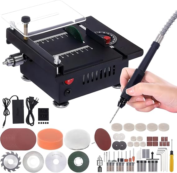 Mini Table Saw, Multi-Functional Desktop Electric Liftable Saw with 7 Speed Adjustment & 0.1-16mm Cutting Depth Adjustable, for DIY Handmade Wooden Model Crafts Cutting Sanding Drilling