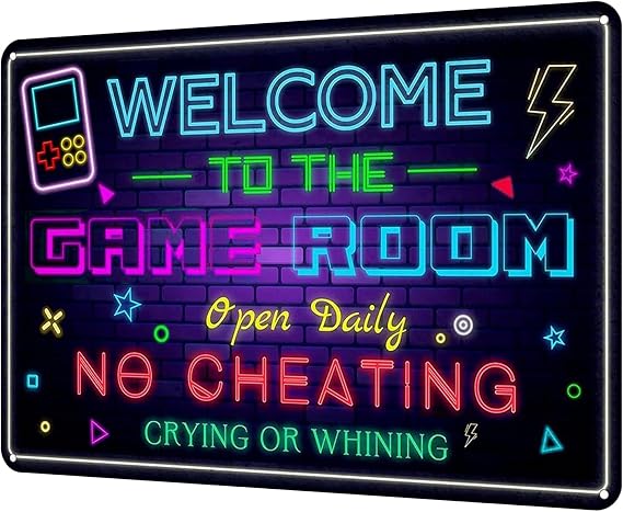 Welcome to the Game Room Metal Tin Sign – Cool Neon Gaming Decor for Boys & Teens, Gamer Room Accessories for Bedroom, Game Night Wall Decor Gift for Gamers, 12 x 8 Inch (2507)