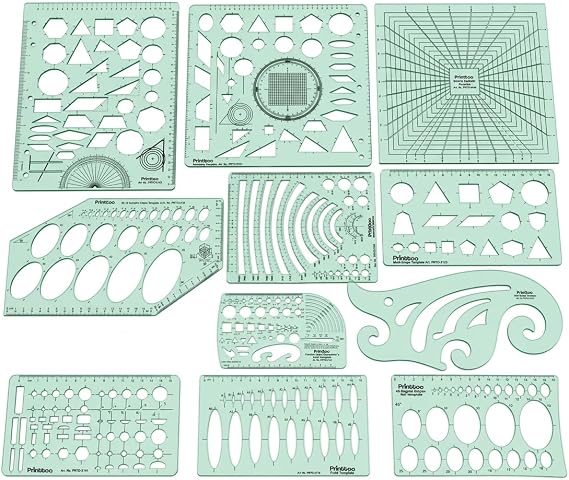 Printtoo 製図幾何学ツールキット 11ピース アクリル 2mm テクニカル描画ステンシル 楕円円弧曲線 マルチシェイプ定規 エンジニアリング 建築 学校 オフィス用