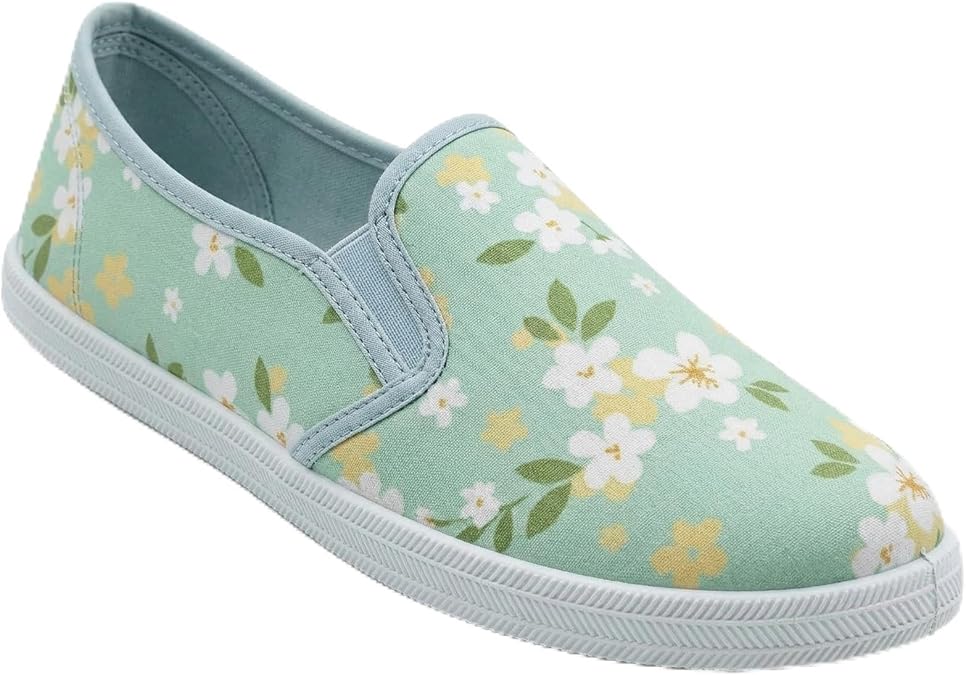 Womens Floral Canvas Plimsolls Slip On Trainers Ladies Casual Flat Pumps Lightweight Breathable Summer Shoes Comfort Cushioned Walking Gym Fashion Sneakers UK 3-8