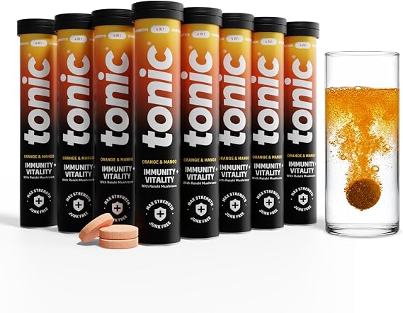 Tonic Health Immunity & Vitality Tablets - 4-in-1 Effervescent Multivitamins and Nutrients - Vitamin D, Vitamin C and Zinc - Vegan, No Sugar- Max Strength Tablets, Orange & Mango, 160 Count