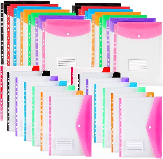 Plastic Wallets A4 Punched Pockets, 11 Holes Expandable Binder Folders for 2/3/4 Ring Document Pouch with Snap Button & Label Loose-Leaf Transparent for Office School Home (28pcs-T14S14)