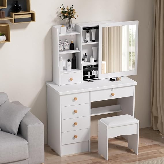 Makeup Vanity Desk with Sliding Mirror,Bedroom Dressing Table
