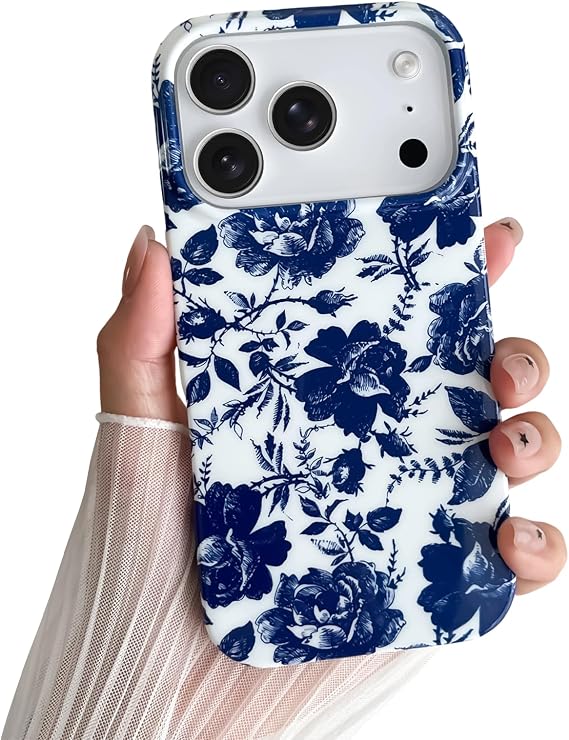 for iPhone 17 Pro Max Case Cute Flower Phone Case Soft TPU Slim Shockproof Phone Cover for Women Girls Beautiful and Stylish,Blue & White Rose Floral