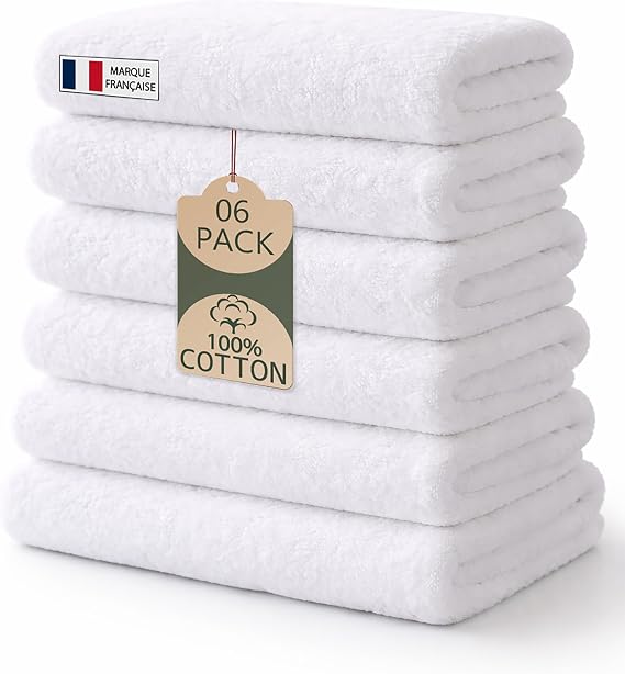 Caramont Set of 6 Bath Towels 50 x 90 cm – 100% Cotton, Ultra Soft, Highly Absorbent, Quick Drying, Hotel Quality – White – for Bathroom, Shower, Gym, Hotel and Spa