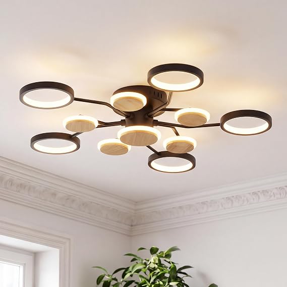 Sleek Modern Led Ceiling Light, Minimalist Black Wood Design. Works As Living Room Ceiling Lights Or Elegant Bedroom Lighting. Remote Dimmable(11 Lights,Black). [Energy Class F]