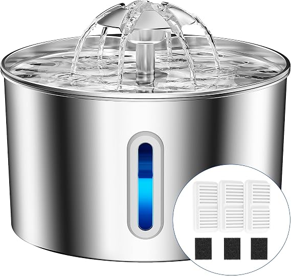 Cat Water Fountain for Drinking - 74oz/2.2L Cat Fountain Stainless Steel Flower Style, Silent Automatic Wired Pet Water Fountain Triple-Filter Water Fountain Cat Bowl 3 Filters 3 Sponges