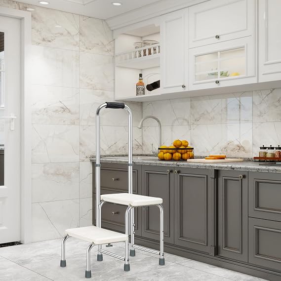 Raised 2 Step Stool for High Beds with Adjustable Handle for Seniors