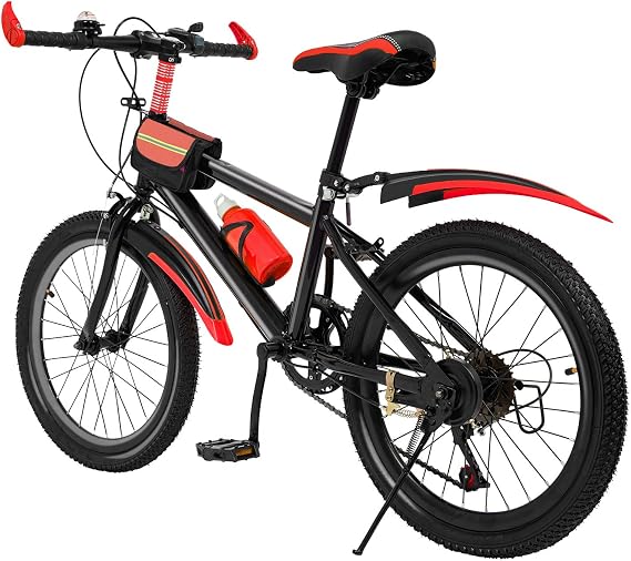 20 Inch Red Mountain Bike Kids Bicycle Unisex Mountain Bike Carbon Steel Frame 85kg Load Capacity with Fenders, Water Bottle and Compass