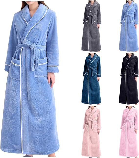 luoluoluo Clearance Womens Bathrobe Soft Fleece Dressing Gown V Neck Nightwear Long Sleeve Pajamas Cozy Shawl Collar Loungewear Winter Warm Long Housecoat Ladies Full Length Bath Robe Soft Nightgown