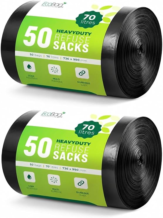 EcoBag - 100 Pack Extra Strong Heavy Duty Refuse Sacks - 70L - 33 Microns - Recyclable Bin Bags, Leak Resistant, Eco-Friendly, Durable Waste Disposal Bags for Household & Commercial Use (725x850mm)