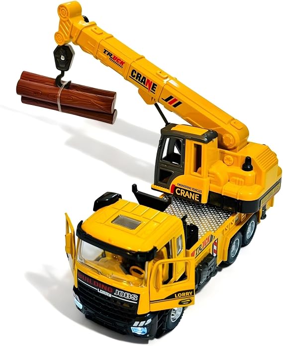 Oyuncak Sesli ve Işıklı Metal 1:28 Ölçek Çek Bırak İnşaat Araçları Kapıları Açılabilen Die Cast Model İş Makinaları (Vinç-1)
