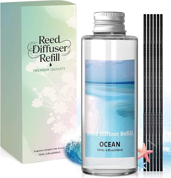 Reed Diffuser Refill 200ml, Ocean Scented Oil Refill with 6 Sticks