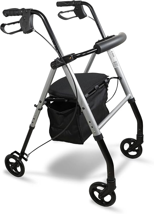 Aidapt Lightweight Folding Four Wheeled Rollator. 6" Wheels, Ergonomic Handle Brakes,Parking Brake,Fabric Padded Seat,Shopping Bag,Height Adjustable Handles&Legs,Flip Up Backrest,Aid,Elderly,Mobility