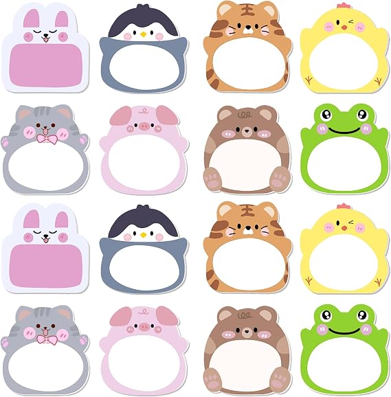 16Packs Cute Sticky Notes, Self-Stick Fun Animal Notes Kawaii Memo Pads Mini Animal Shaped Notepads, Flags Party Bag Fillers for Kids,Students 8 Styles 7 x 6 CM