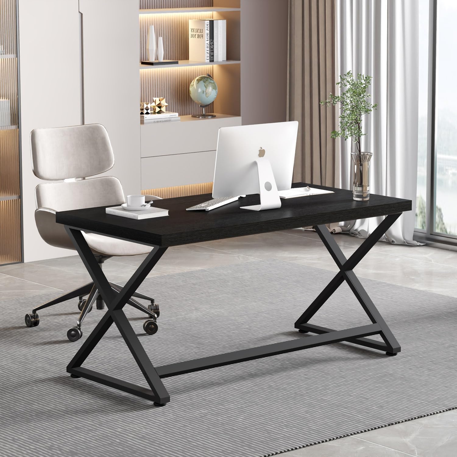 IBF Black Computer Desk, Simple Work Desk for Home Office, Industrial Writing Study Desk in Bedroom, Modern Wood Metal Pc Gaming Laptop Workstation Executive Computer Table, Black Oak, 120 CM