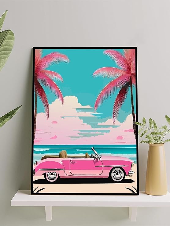 Postermanya Pink Paradise, Tropikal Pembe Araba Dijital Sanat Deniz Manzaralı Çerçeveli Tablo - Çerçeveli Poster