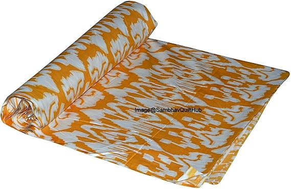 Voile Ekat Handblock Fabric for Floral Ikat Print Cotton Sewing,Crafting, Dressmaking, Running Natural Dye Sanganeri Indian Floral Print Fabric by The Yard Width 44 Inches (Yellow, 3 Yard)
