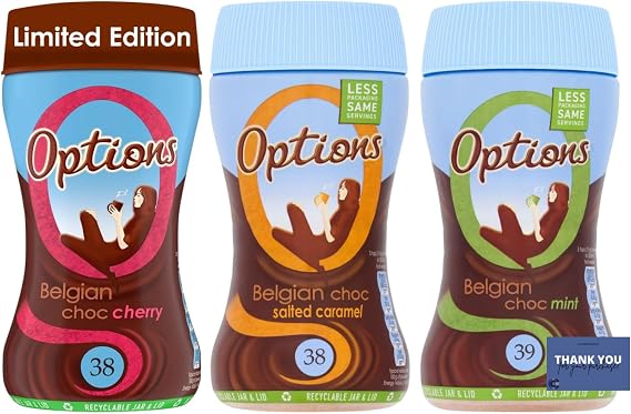 Options Belgian Chocolate Hot Chocolate Variety Pack - Cherry, Salted Caramel, and Mint Madness Flavours - 3 x 220g