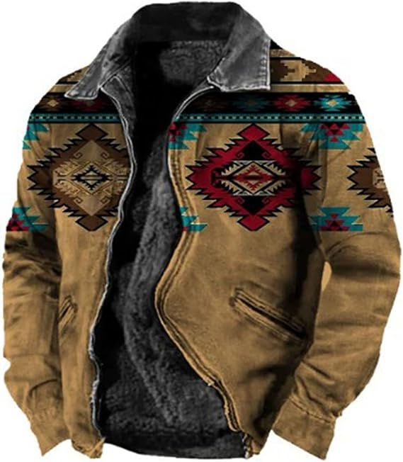 Mens Jacket Sherpa Lined Trucker Fleece Jackets Men Button Up Winter Coat Vintage Aztec Print Tactical Thick Coats