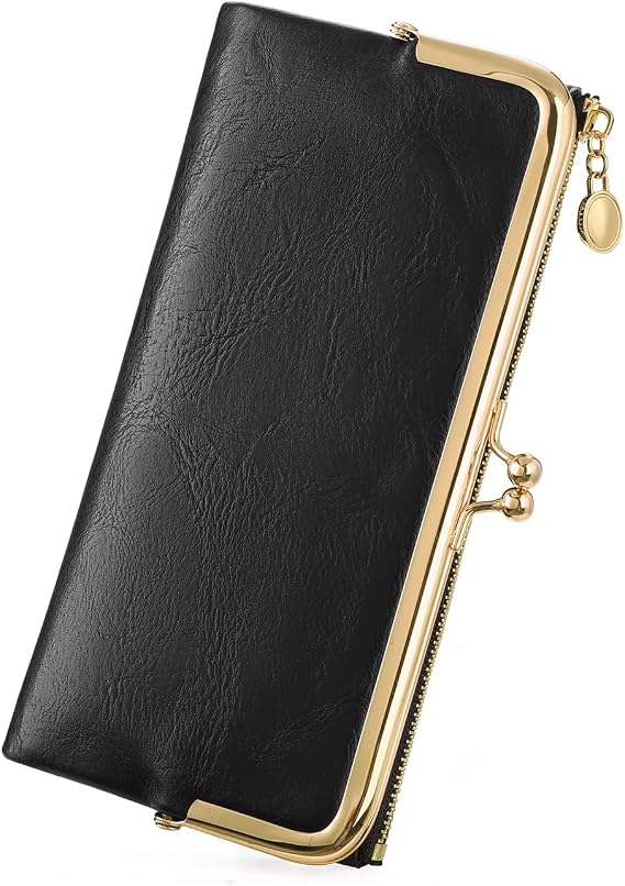 GOIACII レディース 財布 キス ロック 二つ折り レザーウォレット 女性用, A04 ブラック。, 7.68 x 4.33 x 0.98 inches, クラシック
