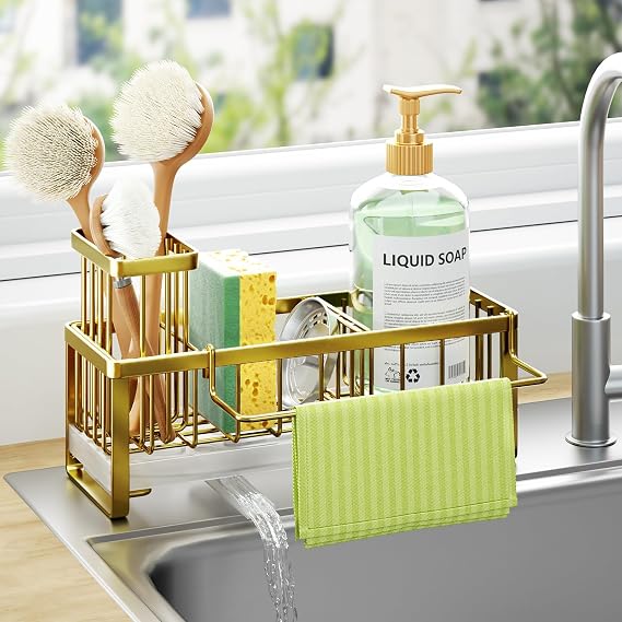 HapiRm Kitchen Sink Caddy - Self-draining Sponge Holder with Brush and Dishcloth Holder, Stainless Steel Sink Tidy Organiser for Countertop Kitchen Storage & Organisation