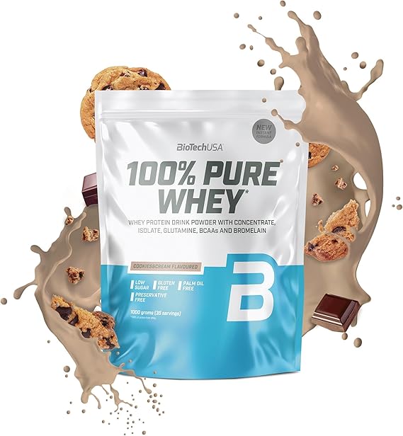 BioTechUSA 100% Pure Whey | Protein Powder with BCAA and Glutamine | Gluten-Free, Palm Oil Free | 21g Protein per Serving, 1 kg, Cookies & Cream