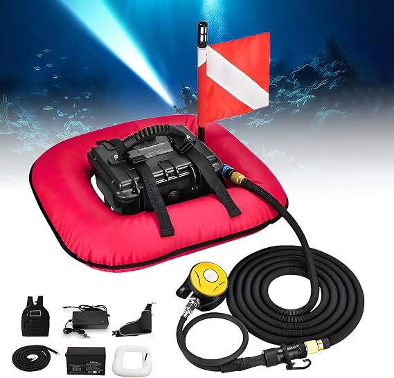 Scuba Diving Ventilator System 52L/min, Portable Tankless Underwater Breathing Device, Waterproof Air Compressor, 60-70Min Endurance, Detachable Hose, Can Board The Plane Red-DualBattery