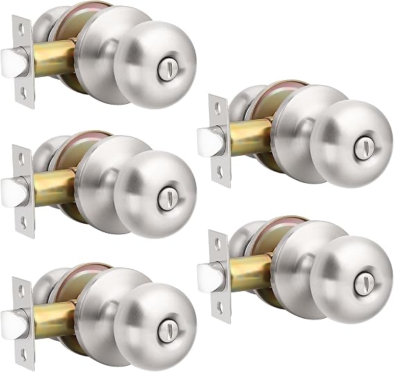 GOBEKOR 5 Pack Door Knobs Brushed Nickel Privacy Door Knob Interior Bathroom Door Locks Keyless Door Knob with Lock Silver Privacy Door Hardware, Reversible Locking