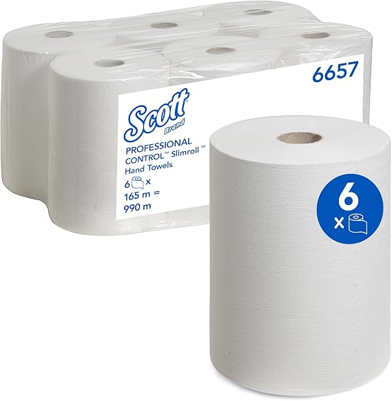 Scott Slimroll Paper Towels 6657 White 1-Ply Rolled Hand Towels, Highly Absorbent, Tear-Resistant, FSC & EU Ecolabel Certified, Compatible with Dispensers, 6 Rolls x 165m (990m Total)