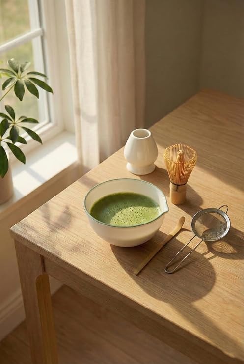 5 Parça Profesyonel Matcha Hazırlama Seti - Çelik Süzgeç, Bambu Çırpıcı, Kase, Tutucu ve Kaşık