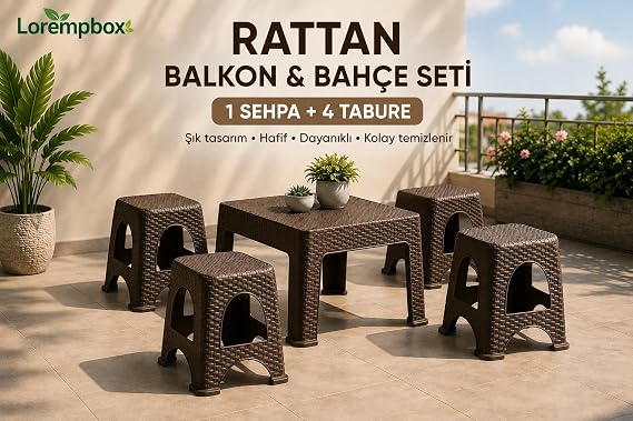 Lorempbox Rattan Balkon & Bahçe Seti 5 Parça – 1 Sehpa + 4 Tabure