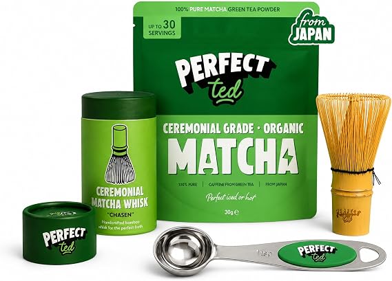PerfectTed Matcha Starter Kit | Organic Ceremonial Grade Japanese Powder 30g | Bamboo Whisk & Spoon | Matcha Latte Set | L-Theanine | Vegan | Gluten-Free