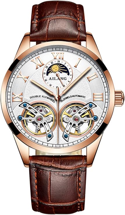 Men's Skeleton Watches Automatic Mechanical Ailang Watch with Dual Balance Wheels