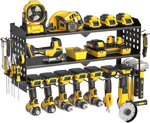 Yeabett 3 Layer Power Tool Storage, Tool Rack for 7 Drill Holders