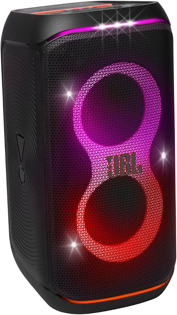 JBL PartyBox Stage 120 in Schwarz – Tragbare Bluetooth-Lautsprecher-Box mit JBL Pro Sound Lichtshow KI-Sound-Boost und Teleskopgriff – 12 h Laufzeit UK Stecker (Typ G)