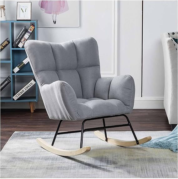 Rocking Chair Nursery, Fabric Upholstered Baby Glider Rocker Indoor, Comfy Fluffy Nursing Chairs for Small Places, Living Room, Classroom, Bedroom,Light Gray