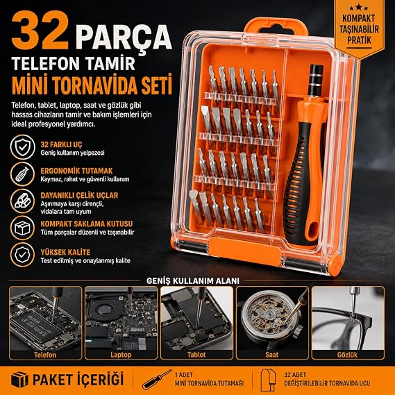 32 Parça Telefon Tamir Mini Tornavida Seti, Hassas Tornavida Seti, Değiştirilebilir Uçlu, Telefon Tablet Laptop Saat ve Gözlük Tamiri İçin