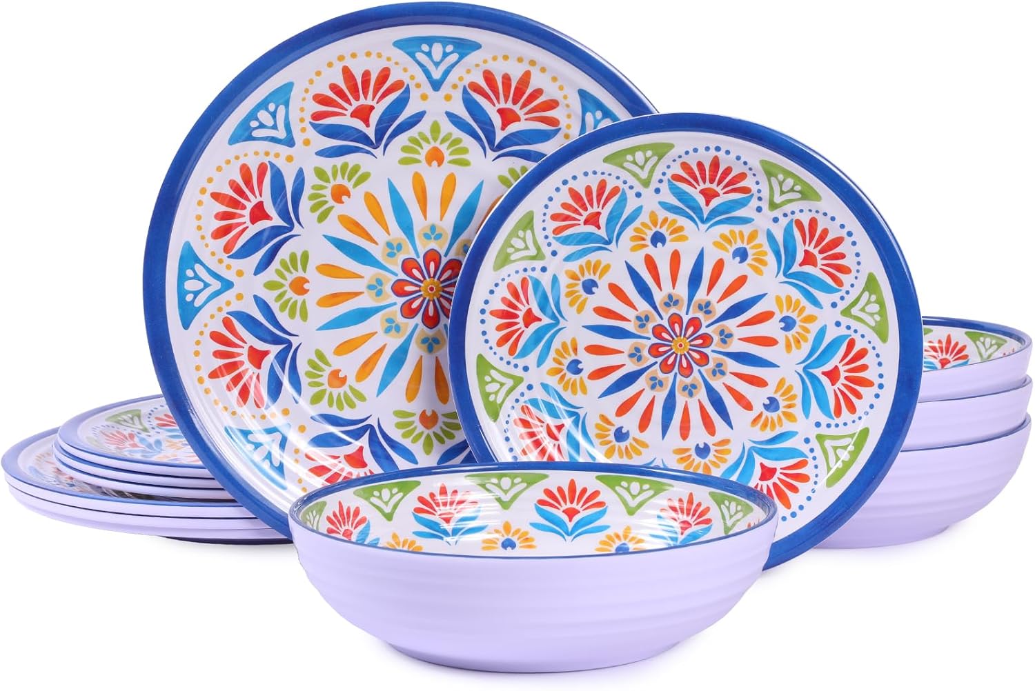 12-Piece Melamine Dinnerware Set,Service for 4, Durable Plate and Bowl, Floral Pattern Tableware for Parties & Home, Dinner Salad Dessert Plates, and Cereal Bowls Set,Housewarming Wedding Gift - Blue