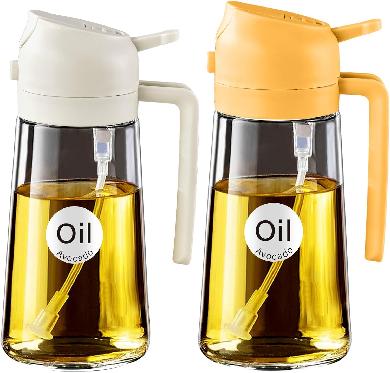 YARRAMATE 2 Pieces Olive Oil Dispenser, 2 in 1 Oil Sprayer for Cooking, 470ml Glass Green Spray Bottle, Food Grade Dispenser and Spray for Kitchen, Frying, BBQ