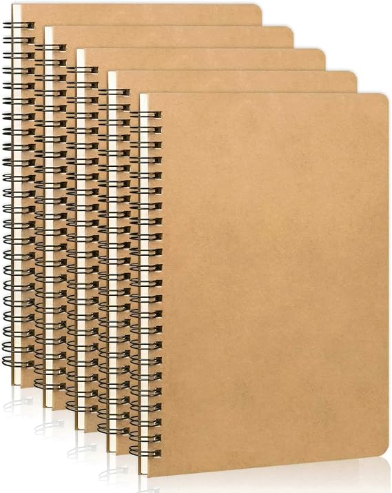 Pubiao A5 Spiral Notebooks 5 Pack, A5 Lined Notebooks, Kraft Cover