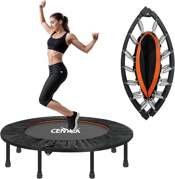 Centra Foldable Mini Trampoline for Adults - 150kg/330lbs Capacity, 4-Fold Ultra Quiet Rebounder with Adjustable Handle, Indoor Fitness Trampoline for Home Cardio Workout in Apartments
